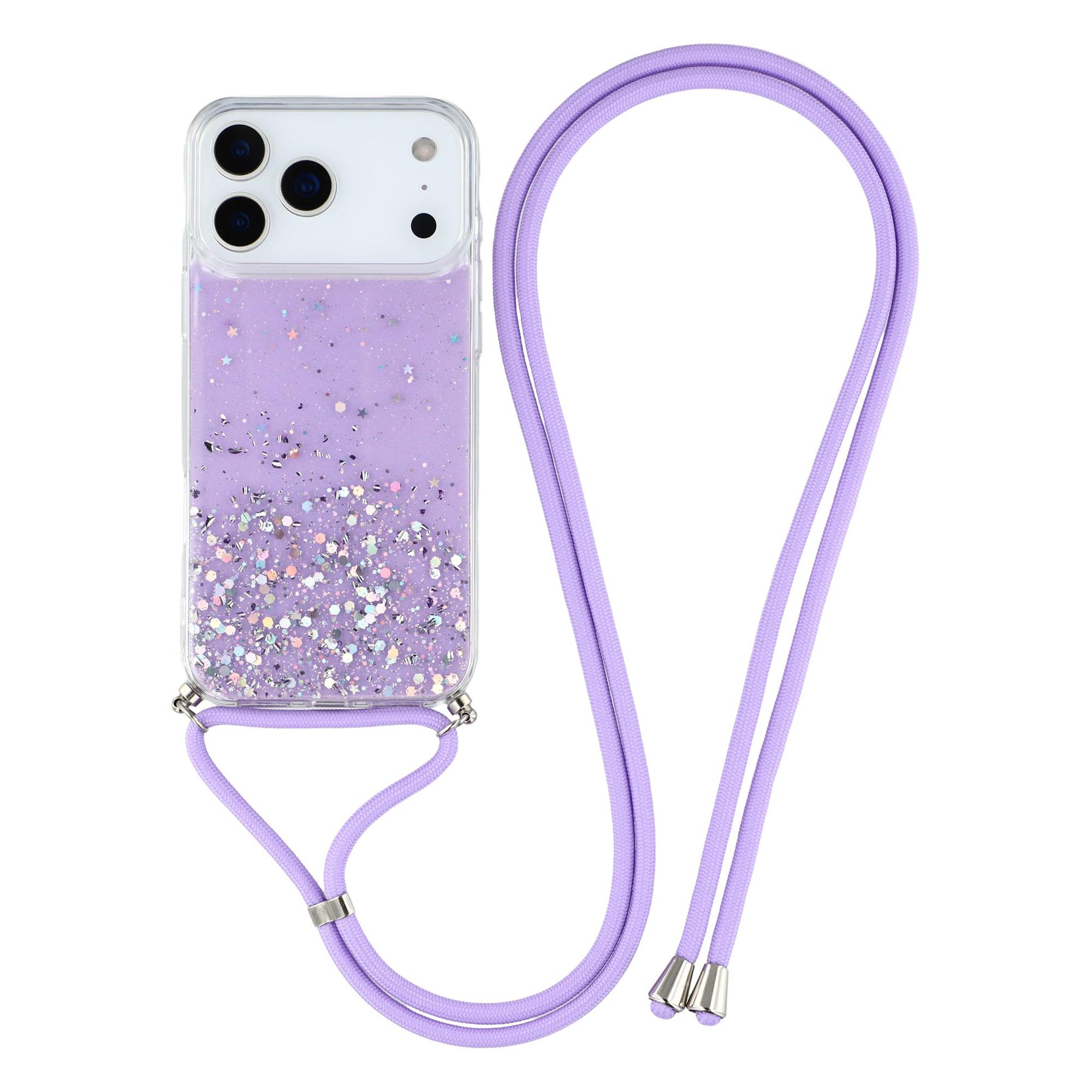

For iPhone 17 Pro Max Case Cute Bling TPU Epoxy Phone Cover with Lanyard Purple
