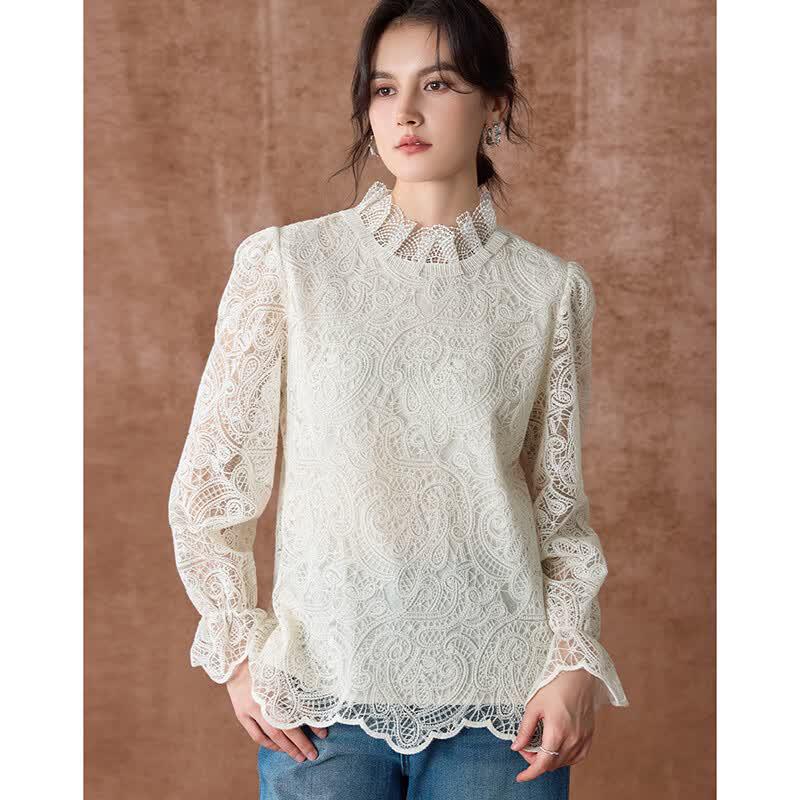 Elegant Lace Hollow Out Stand-up Collar Blouse