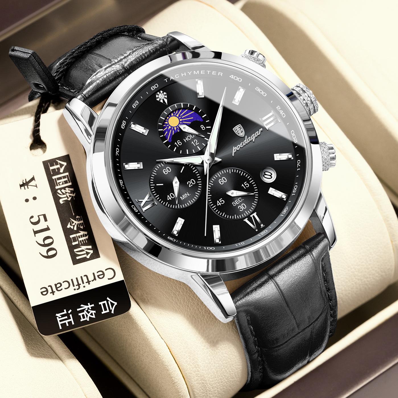 

POEDAGAR National Top Swiss Brand Multifunctional Sports Chronograph Moon Phase Men s Watch Quartz Watch P882Silver case with blac