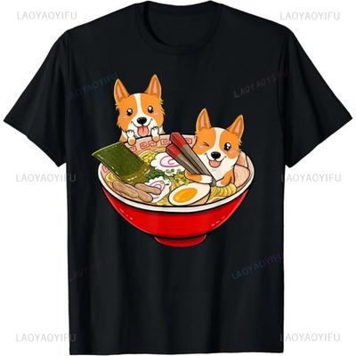 Corgi Japanese Ramen T-Shirt Funny Dog Gift Unisex T-Shirt Classic Pattern Summer Unisex T Shirt for Men Breathable Camisetas