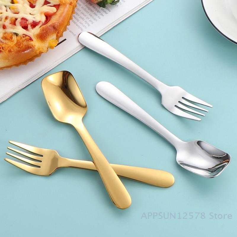 304 Stainless Steel Children's Spoon Fork Ice Cream Spoon Short Handle Square Head Spoon Spaghetti Salad Fork Student Tableware