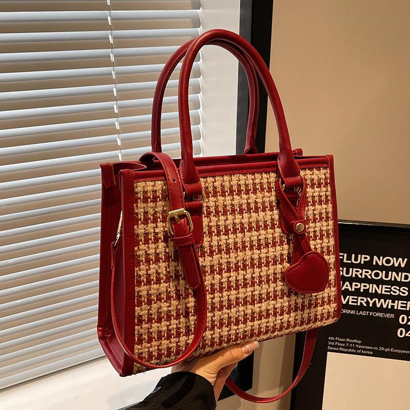 Woolen Large-capacity Commuter Tote Bag Women's Autumn and Winter New High-end Light Luxury Red Bridal Wedding Bag