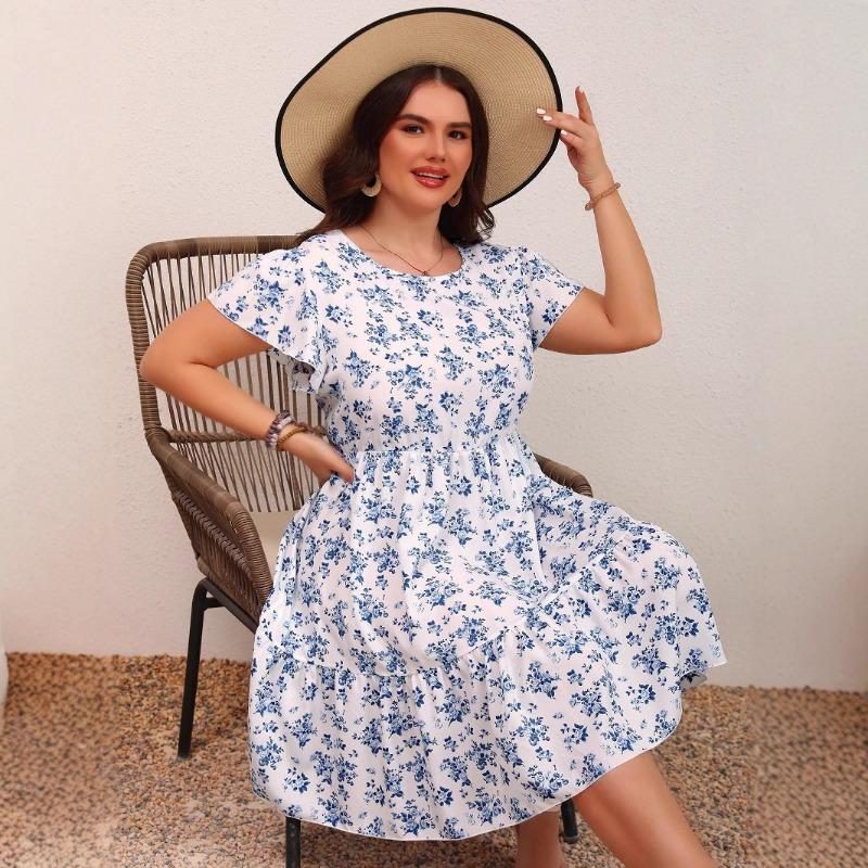 

Женское нежное праздничное ветровое платье весна/лето с круглым вырезом и цветочным принтом средней длины 2XL белый