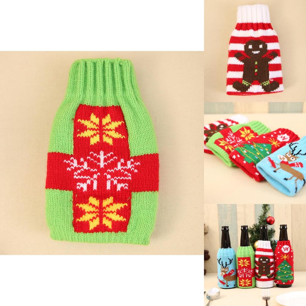 Stilvoller gestrickter Weihnachts-Bierflaschenüberzug mit wunderschönen Schneeflocken- und Rentier-Motiven, perfekt für festliche Stimmung