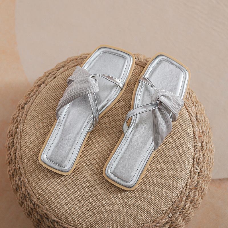 Fashion gold/silver lace band flat slippers women sexy mesh strap flip flops outdoor beach slides shoes 34-43 big size pantuflas mujer