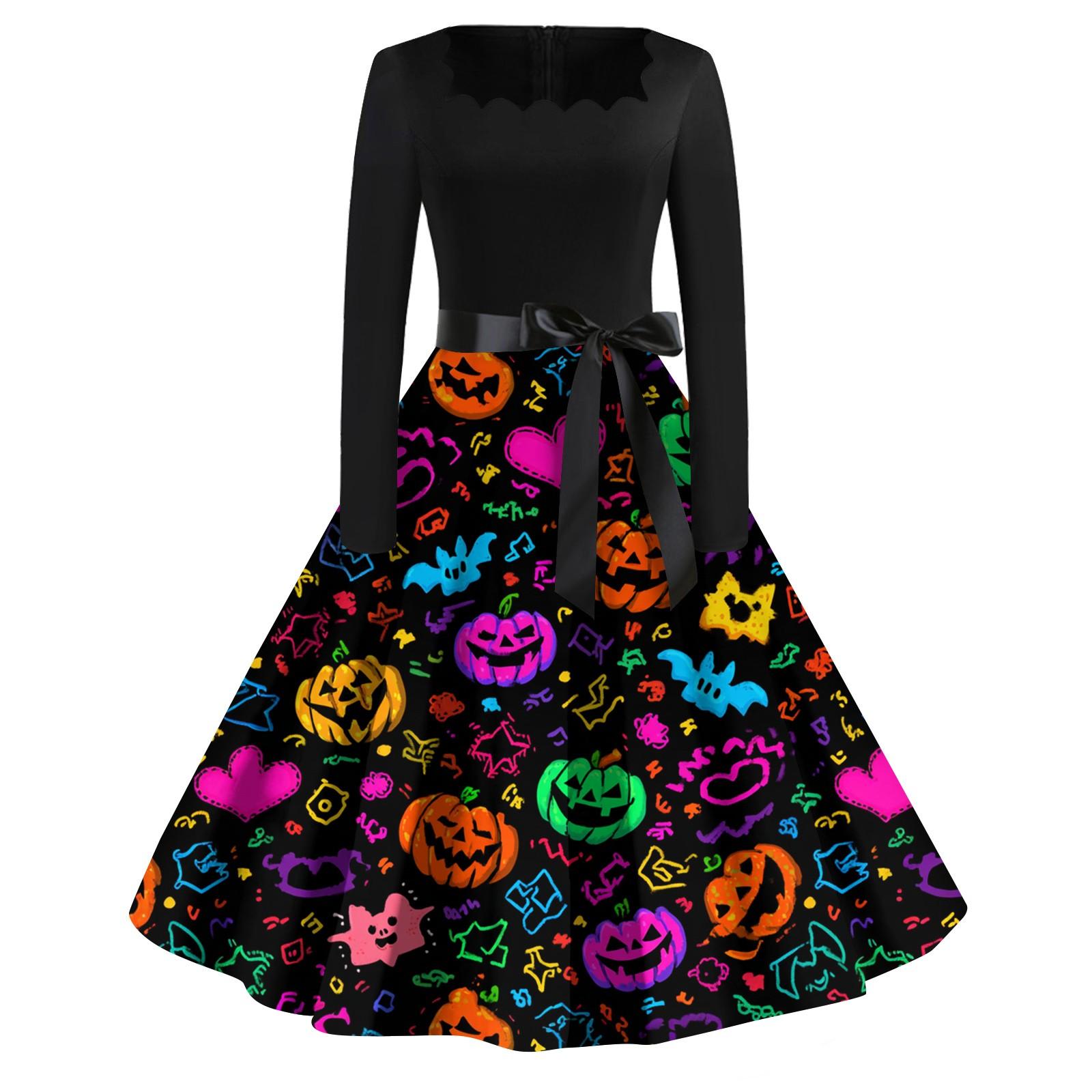 

Women s Casual Fashion Halloween Printed Square Neck Vintage Dress XXXXL чёрный