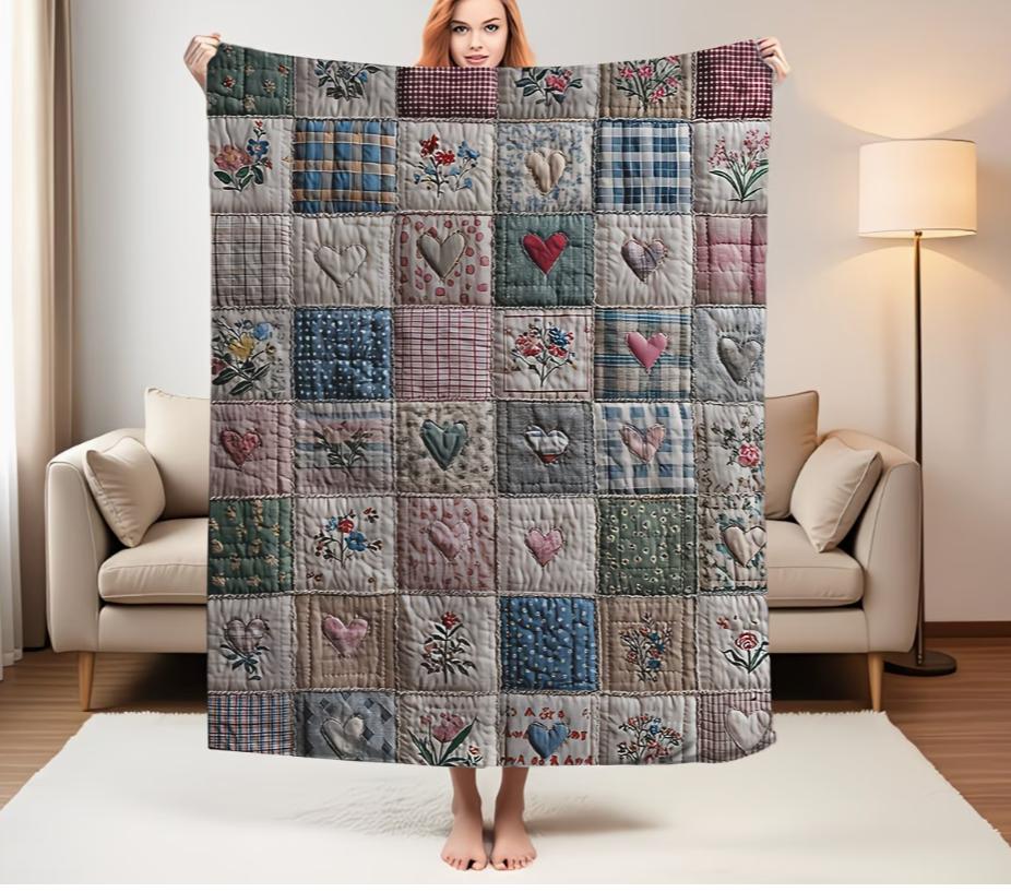 Flannel Soft Blanket  Patchwork Design with Mint Green, Sage Green, White Floral, and Plaid Prints  Warm for All SeasonsBlanket