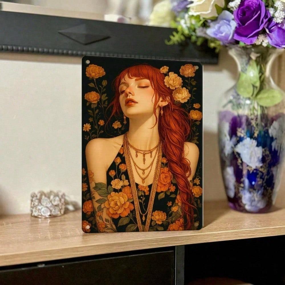 1pc Vintage Floral Redhead Tin Sign 12x8in, 2D Retro Metal Wall Decor for Living Room Kitchen Bar