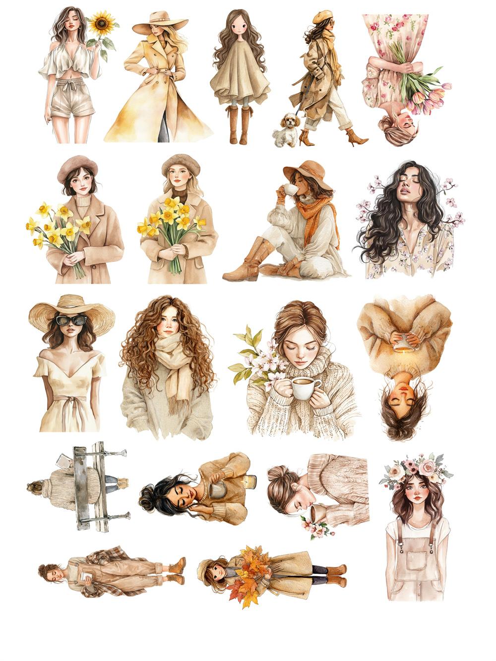 

19pcs Cute Spring beige woman girl stickers Decoration DIY Scrapbooking Journal Phone Diary Album Planner stationery kawaii білий