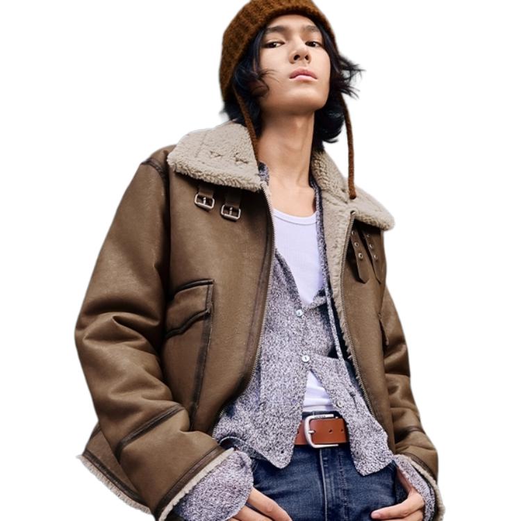 Levis FW24 Performance Warm Fleece Series Faux Shearling Jacket With Adjustable Zipper Men Jacket Brown 002NB-0000