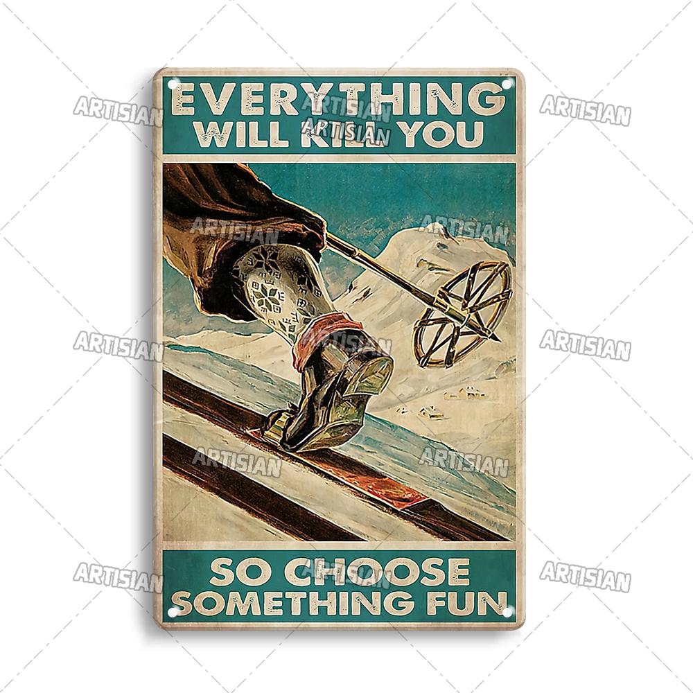 Artisian Skiing Snowboarding Metal Poster Sledding Tin Plaque Sport Decorative Plate Wall Decor Garage Bar Pub Club Hotel Cafe