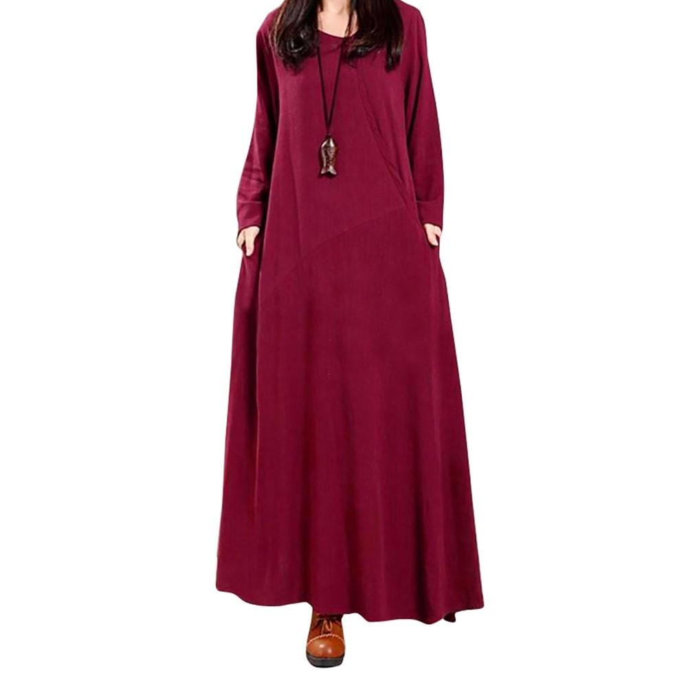 Elegant Plus Size Women Cotton Long Sleeve Vintage Kaftan Casual Maxi Dress