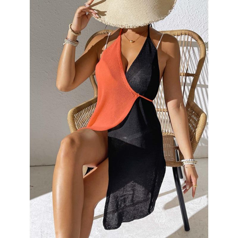 Plus Size Summer Hollow Out Beach Dress Women's Clashing Splicing Sexy Hanging Neck Tie Dress Irregular