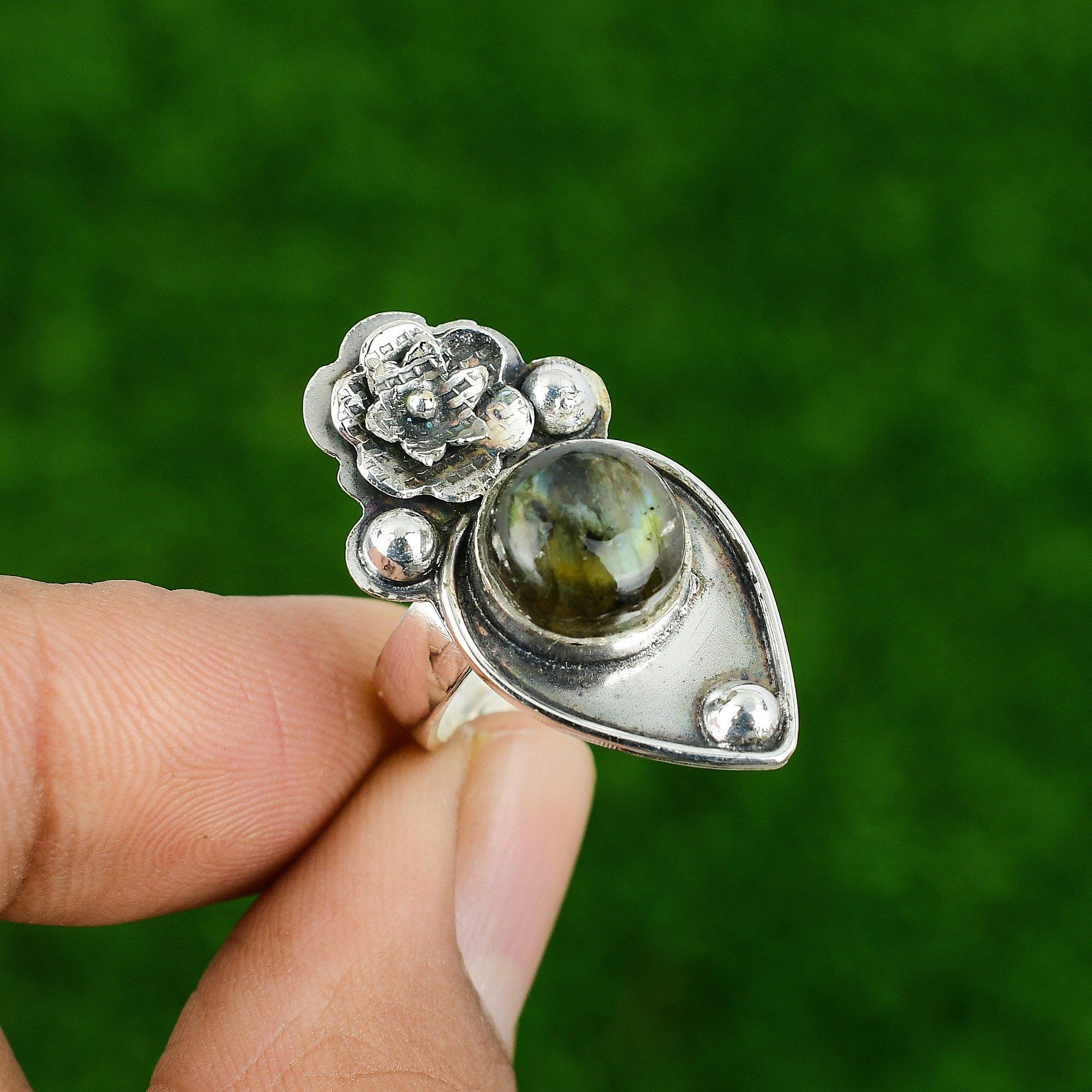 

Natural Labradorite 925 Silver Stackable Flower Adjustable Ring For Women Adjustable