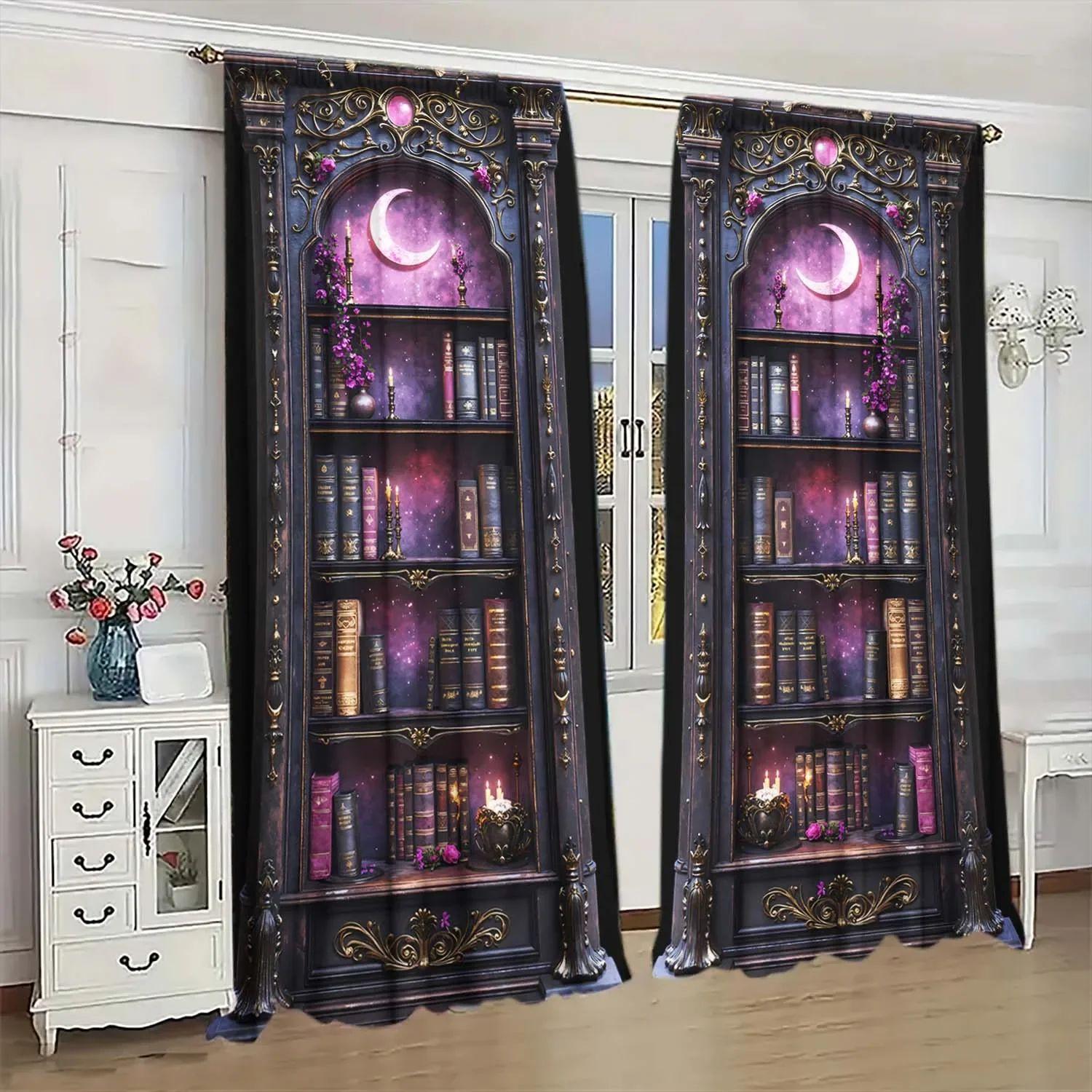 

Vintage Magic Library Curtains Study Bedroom Bay Window Decor Mysterious Gothic Atmosphere Curtain Elegant Made Of Polyester Washable Ready W100*H70(CM)-Hooks&2PCS
