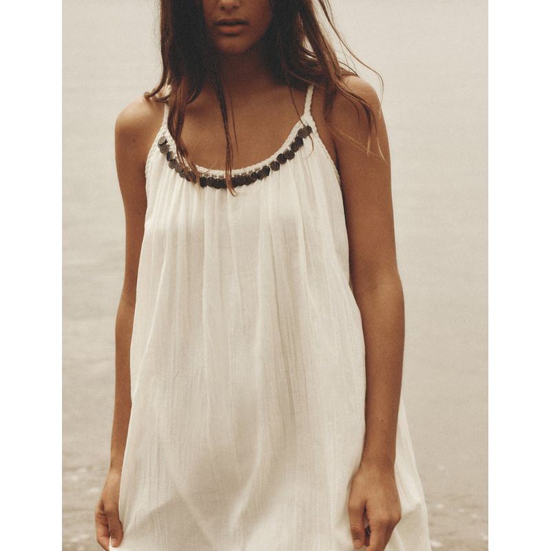 Spring New Holiday Casual Loose Linen Blended Coin Inlaid Midi Skirt Dress 7521329