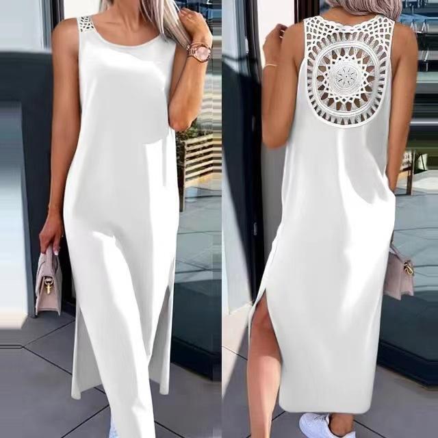 European and American Style Foreign Trade Women's Clothing Lace Hollow Strap Dress Sleeveless Slit Vest Skirt Over the Knee Medium and Long Skirt
