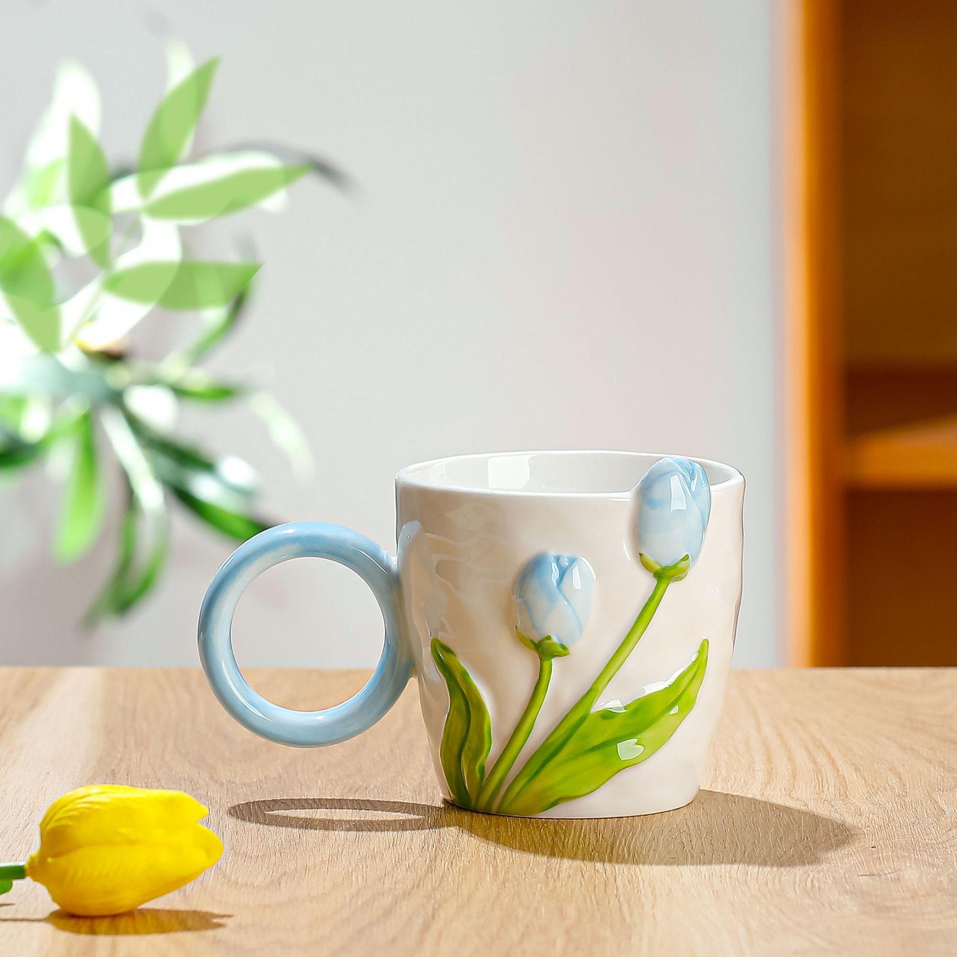 

Кружка-тюльпан с креативным рельефом, керамическая чашка, чашка для воды для дома и офиса, подарочная чашка для кофе 301-400ml