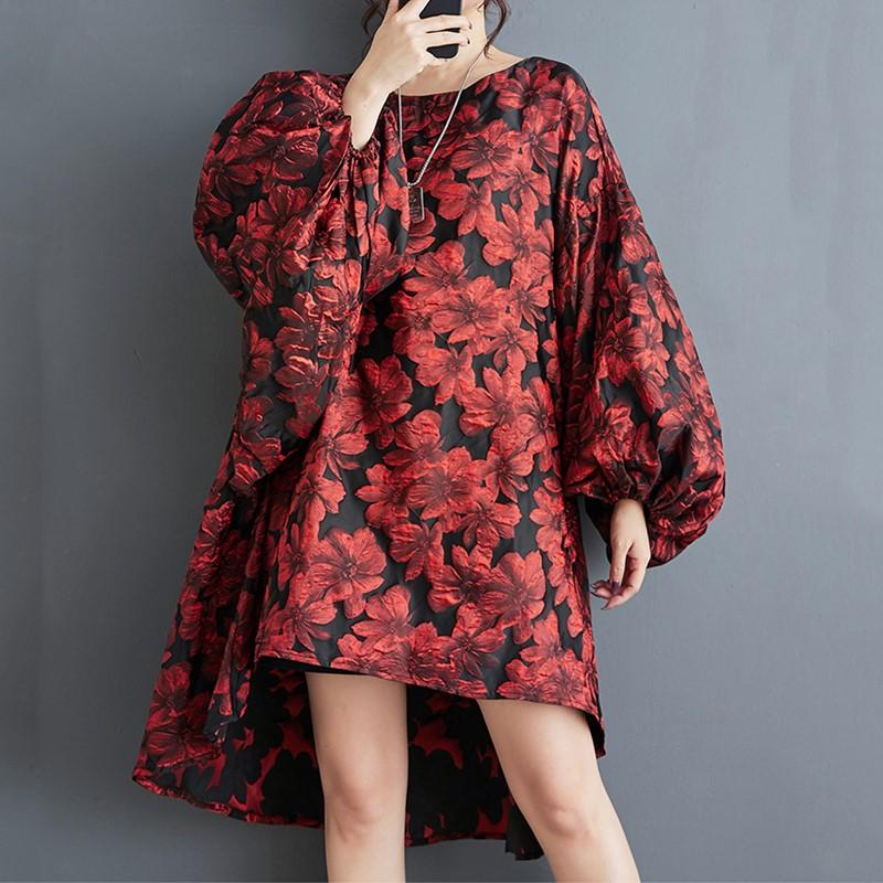 Long Sleeve Plus Size Jacquard Vintage Floral New In Dresses for Women Casual Loose Midi Spring Autumn Dress