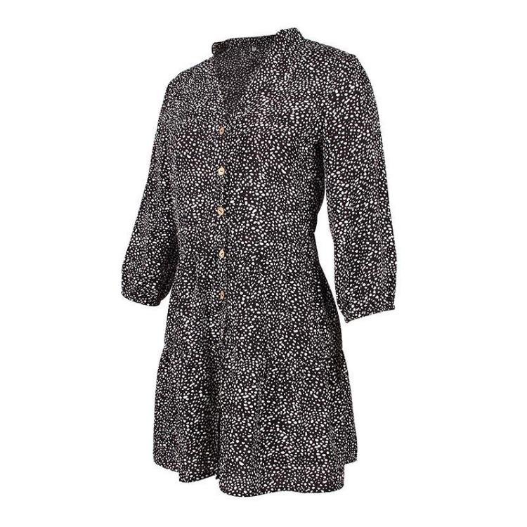 Women Summer Casual V-neck Mini Dress Three Quarter Sleeve Single Breasted Print Above Knee Sizes S-XL Black White Burgundy