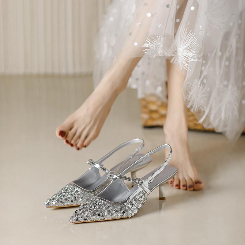 

Fairy must-have Aifei Bangmei wedding ceremony shoes popular fashion sequins pointed stilettos female spring summer new 34 срібний