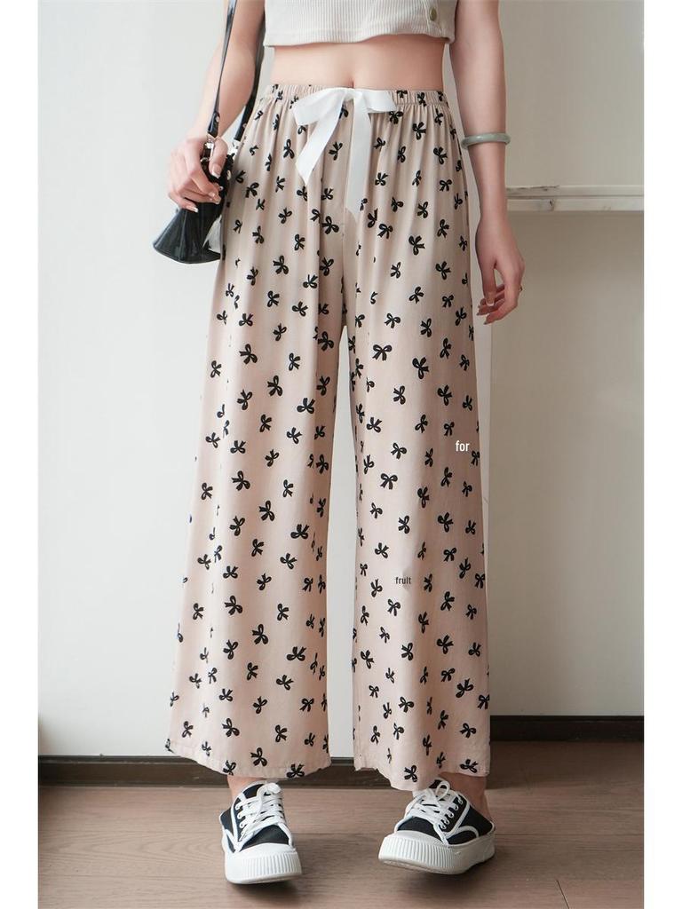 Dámské letní kalhoty květinové bavlny a viskózy nadměrné velikosti - Tenké, ležérní, dlouhé na spaní a plážové oblečení