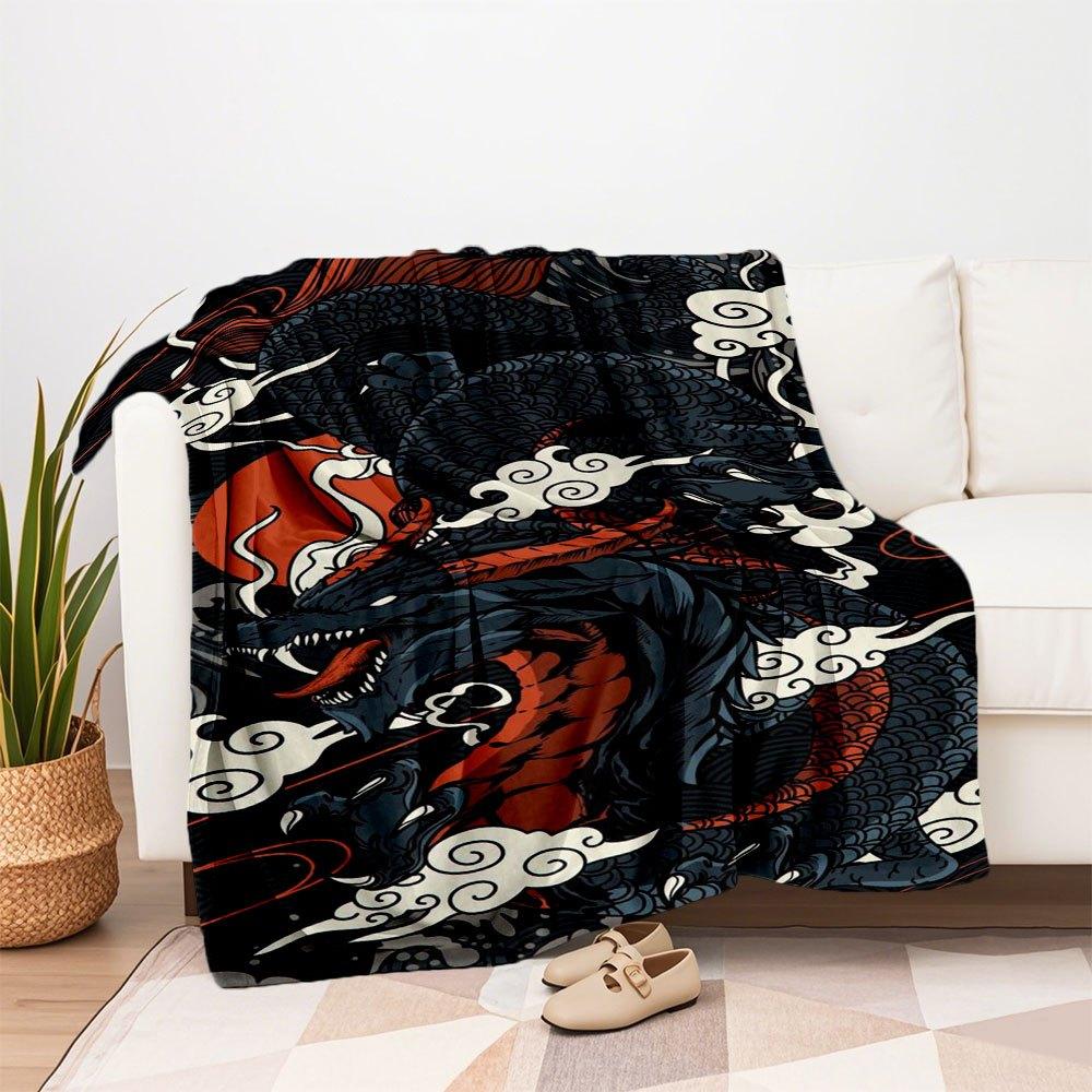 "Poster Murale Drago Giapponese - Stile Tatuaggio Tradizionale" Coperta in Flanella per Divano, Letto, Viaggio, Campeggio, Ufficio, Divano, Cha
