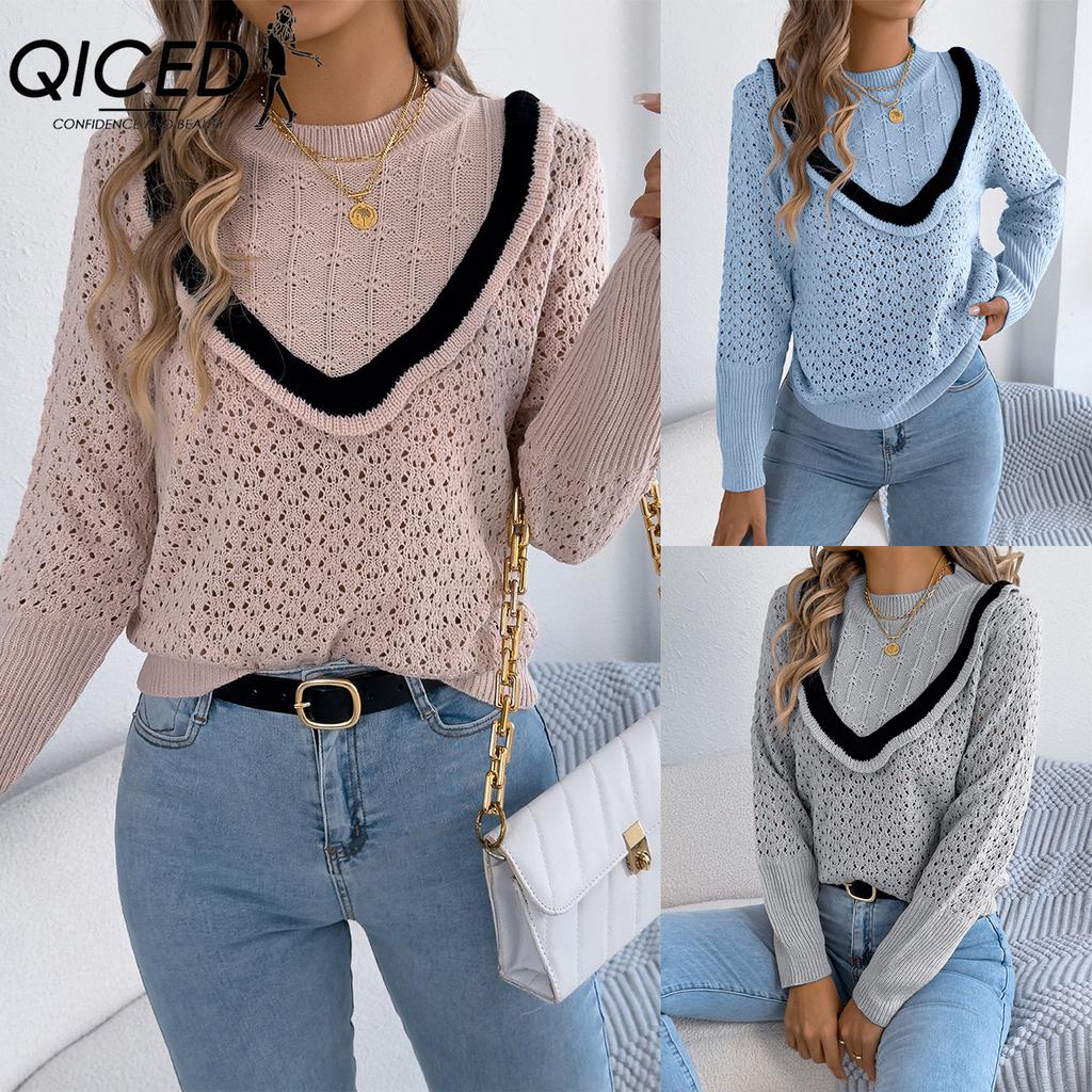 QICED Autumn and Winter Black Ear-trimmed Long-sleeved Pullover Sweater for Women