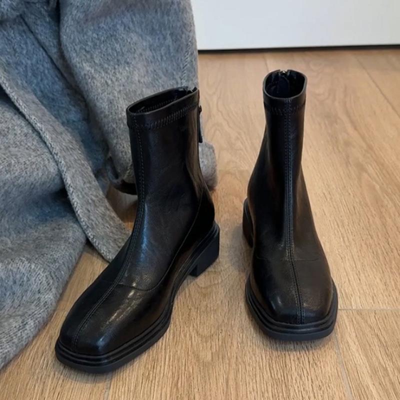 Autumn Winter Cosy Soft Leather Women Ankle Boots Fashion Square Toe Shoes Modern Stretch Slim Short Botas Para Mujer