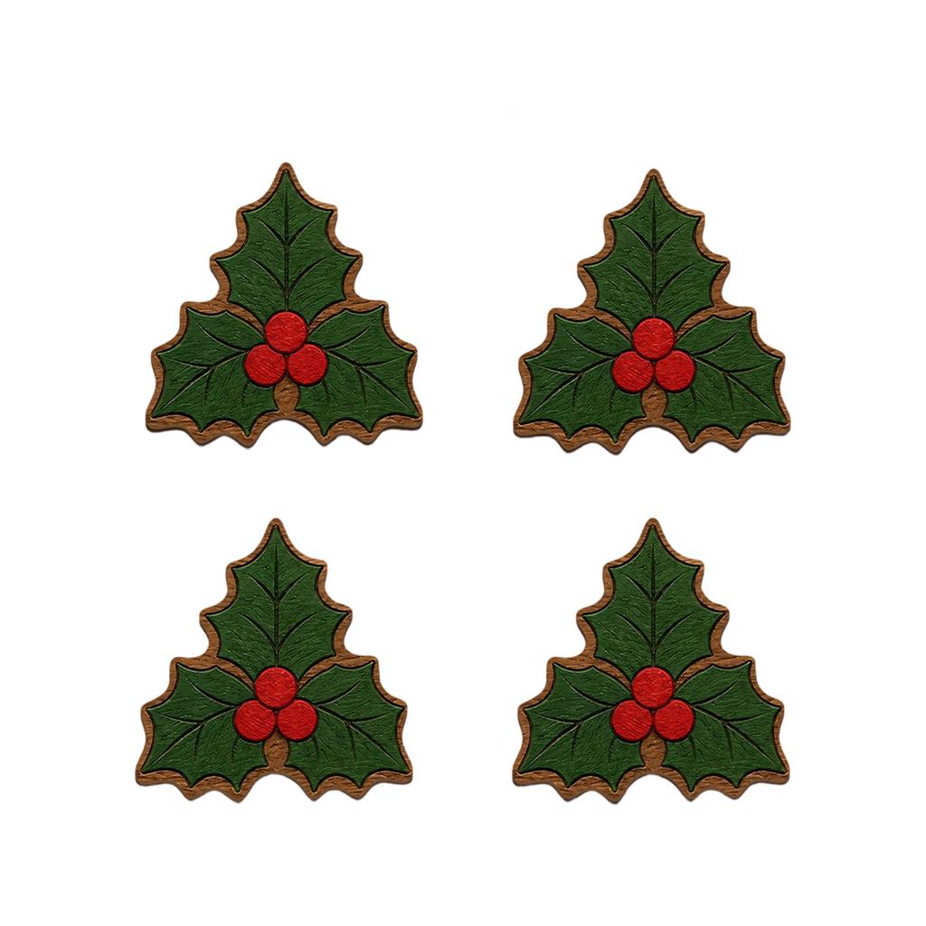 Christmas Holly Leaf Wooden Set of 4 for Holiday Dining Table Decorations