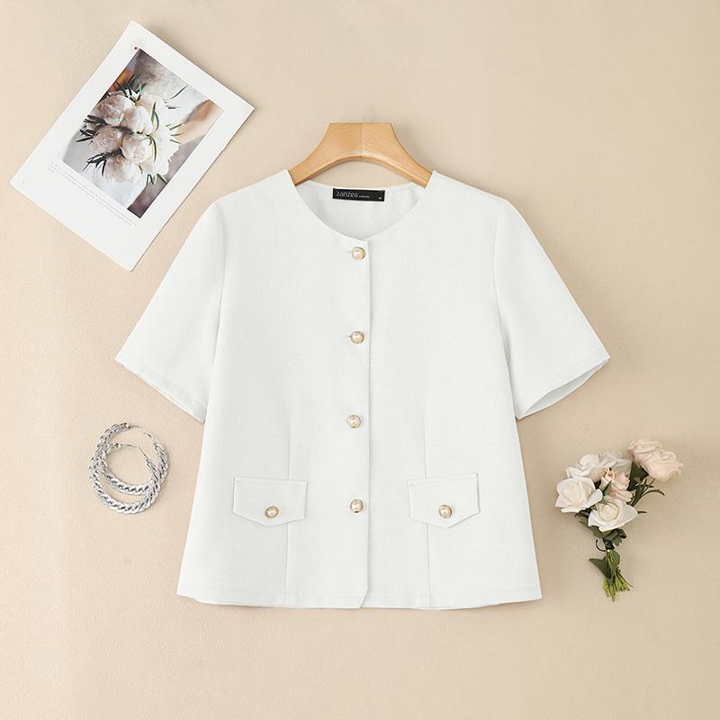 

ZANZEA Женская повседневная летняя блузка с круглым вырезом и коротким рукавом XL белый