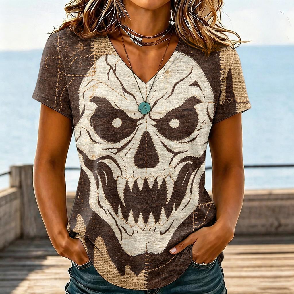 Women's Casual V-Neck T-Shirt with Halloween Print
