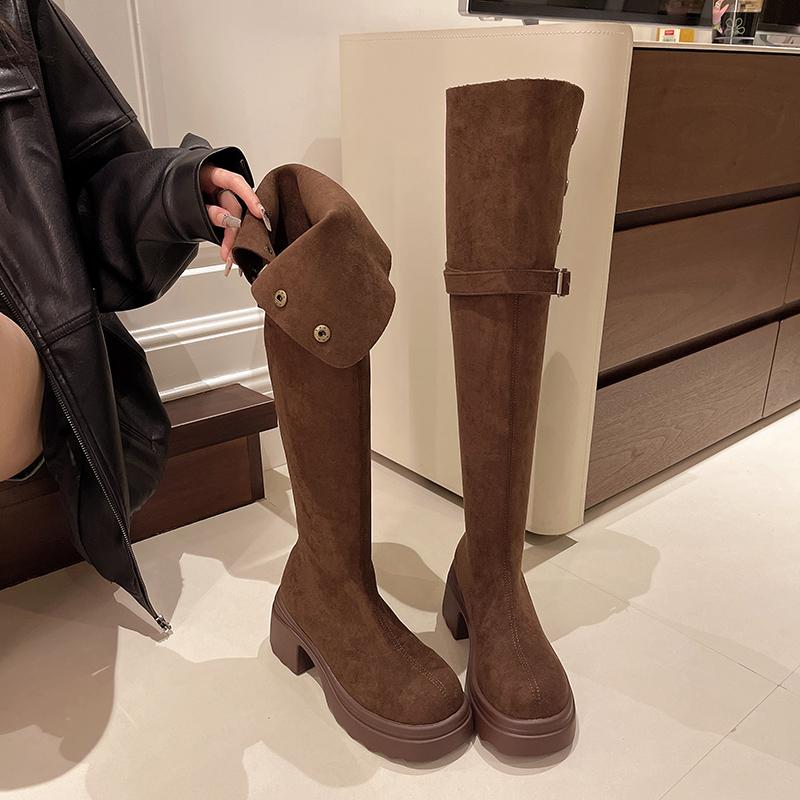 Fashion 2025 Autumn Fashion Suede Wear Thick-heels Women's The Knee Boot Retro Anti Slip Outdoor Knight Ladies Boots