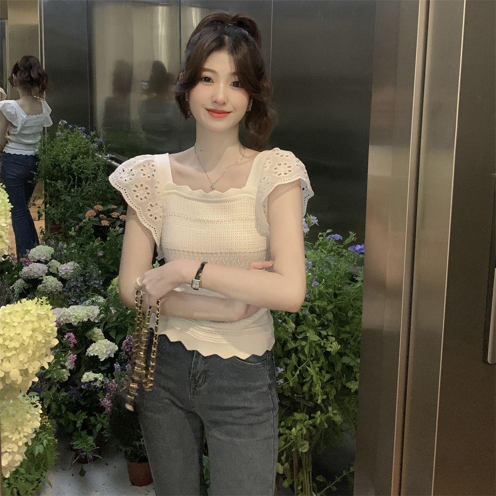 Summer Versatile Temperament Short Sleeved Small Fly Sleeve Ice Silk Knitted T-shirt French Collarbone Square Neck Top Slim Fit Short