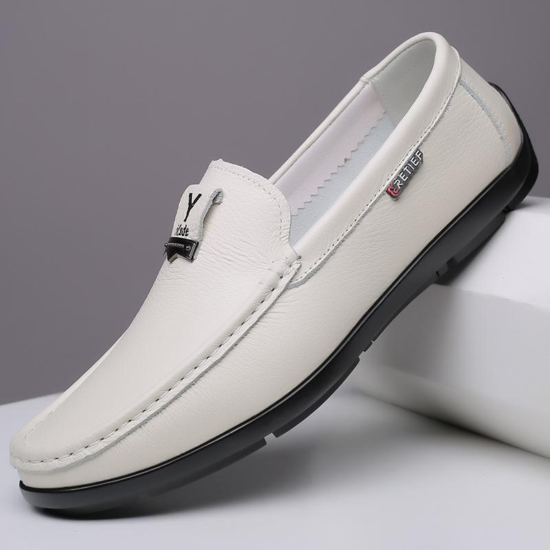 

Spring Summer New Shoes for Men Genuine Leather Casual Shoes Soft Sole Flat Slip-on Loafers Breathable Micropores Leather Sandal 38 белый