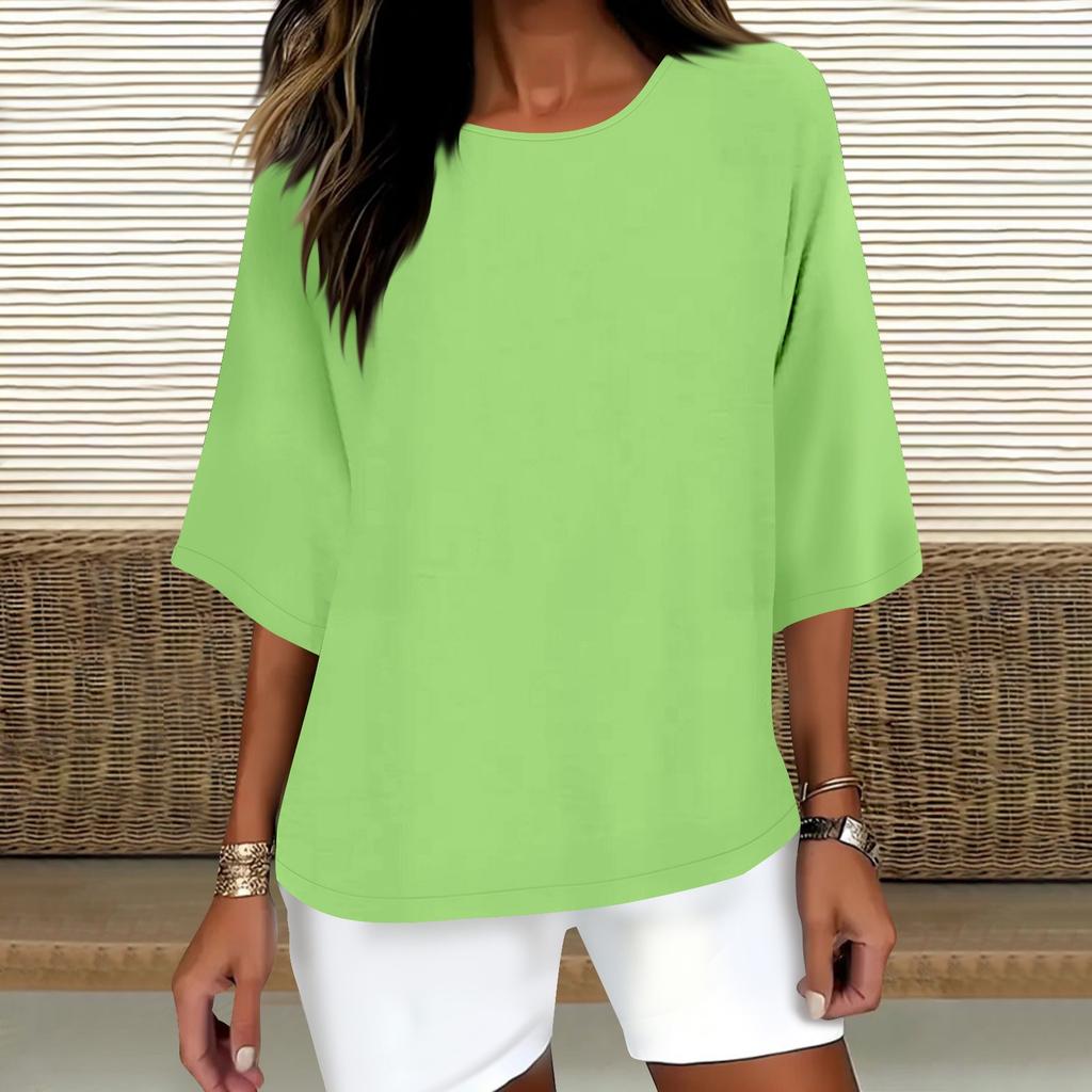 Women's Fashion Solid Color Casual T-Shirt Seven Sleeve Round Neck Cotton Top
