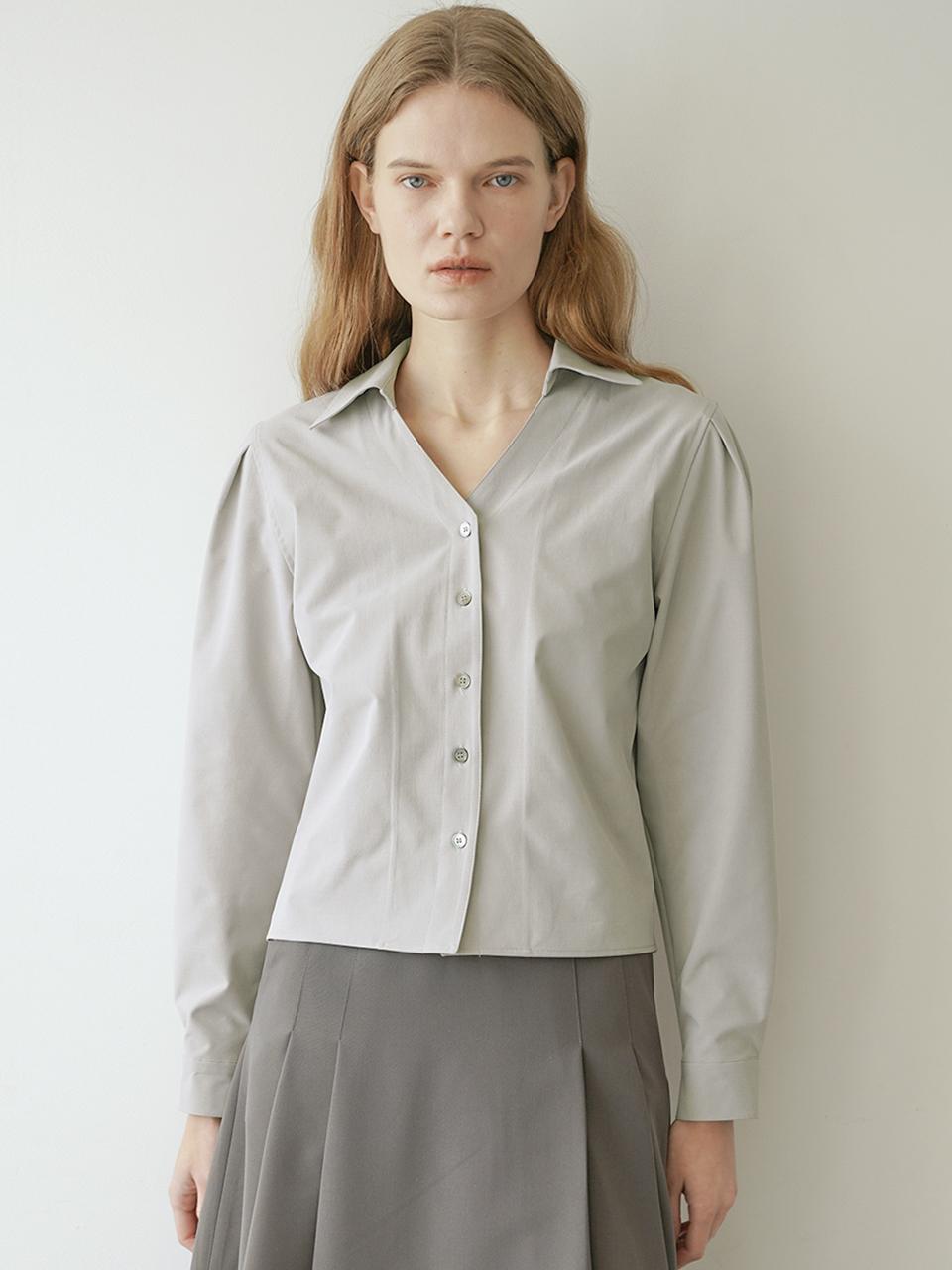 Raye Genie Wrinkle-Free V-Neck Collar Crop Puff Sleeve Pleated Blouse Gray Beige