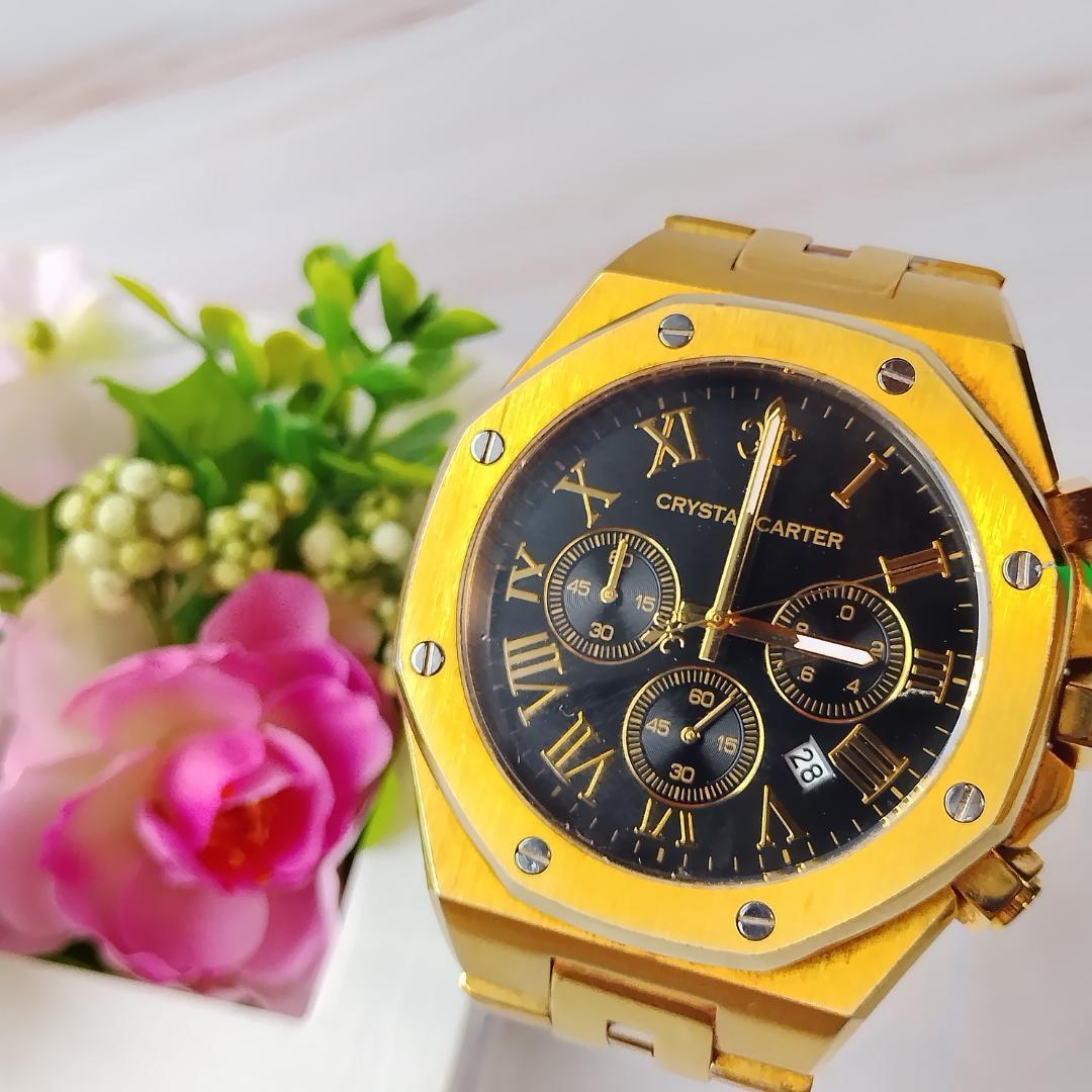 Used Crystal Carter Chronograph Quartz Genuine Bracelet Gold Black QZ