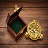 Brass Sundial Compass with Wooden Box, Vintage Nautical Decor