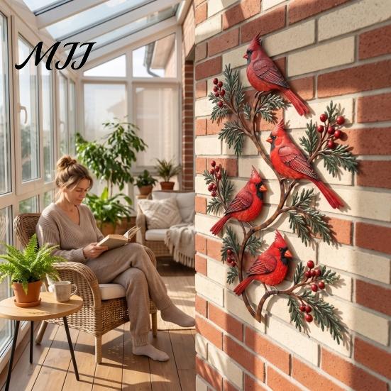 Unique Outdoor Yard Decorations Metal Bird Wall Decor, Red & Chickadee Sculpture with Branches and Gifts for Garden Lovers Berries, 2D Iron