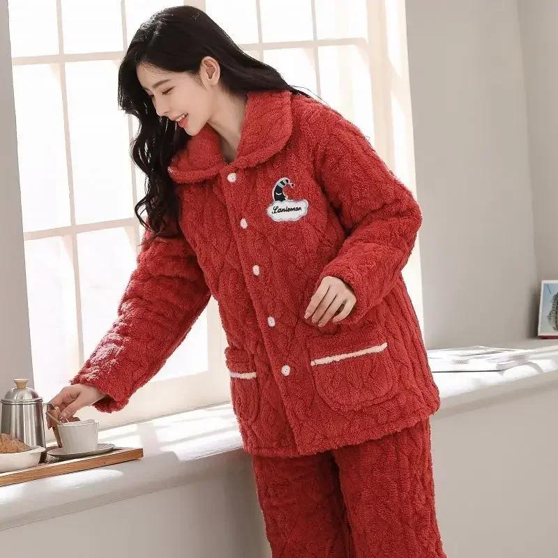 Sleepwear Women Winter Home Sleep Clothes Three Layer Thick Cotton Nightgown Flannel Coral Fleece Warm Coat Large Homewear Set