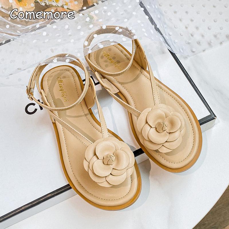 Feiern Sie 2025 Sommer Neue Elegante Damen Sandalen Flache Damenschuhe Blumendesign Schwarz Weiß Flip-Flops Große Größe 42 43