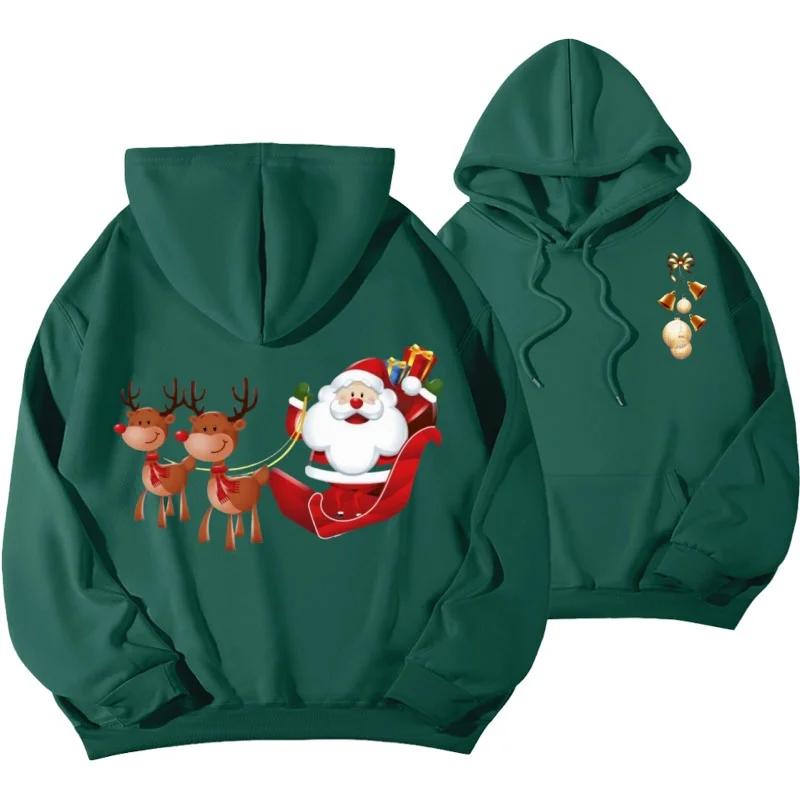 Cute Cartoon Flying Reindeer Santa Claus Graphic Unisex Hooded Sweatshirt, Loose-fit Winter Xmas Streetwear