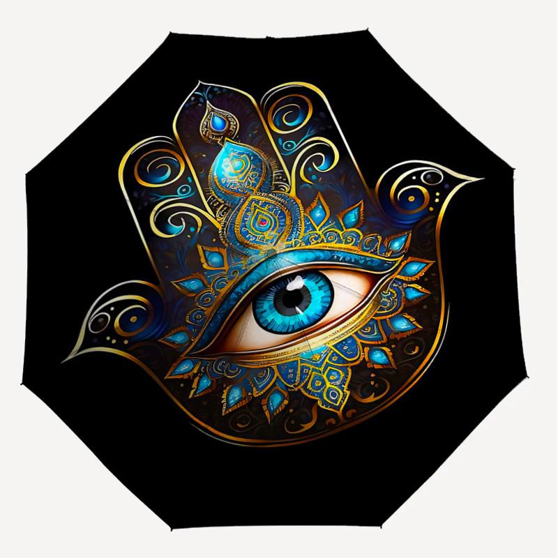1PC Hamsa Eye Automatic Open/Close Umbrella with Windproof, 8-Rib Sturdy Canopy, Durable Ribs, Fashionable Design, Outdoor Accessory, Fun Prin, Holida