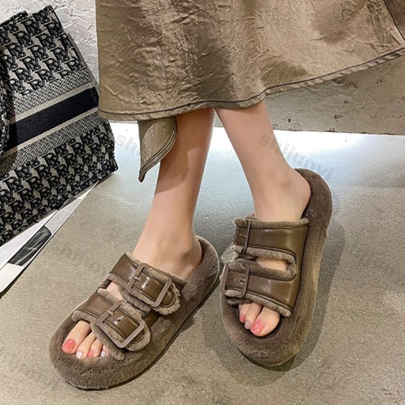 Women's Platform Plush Shoes Autumn Winter Leather Buckle Casual Shoes Height Increase Outdoor Non Slip Cotton Slippers
