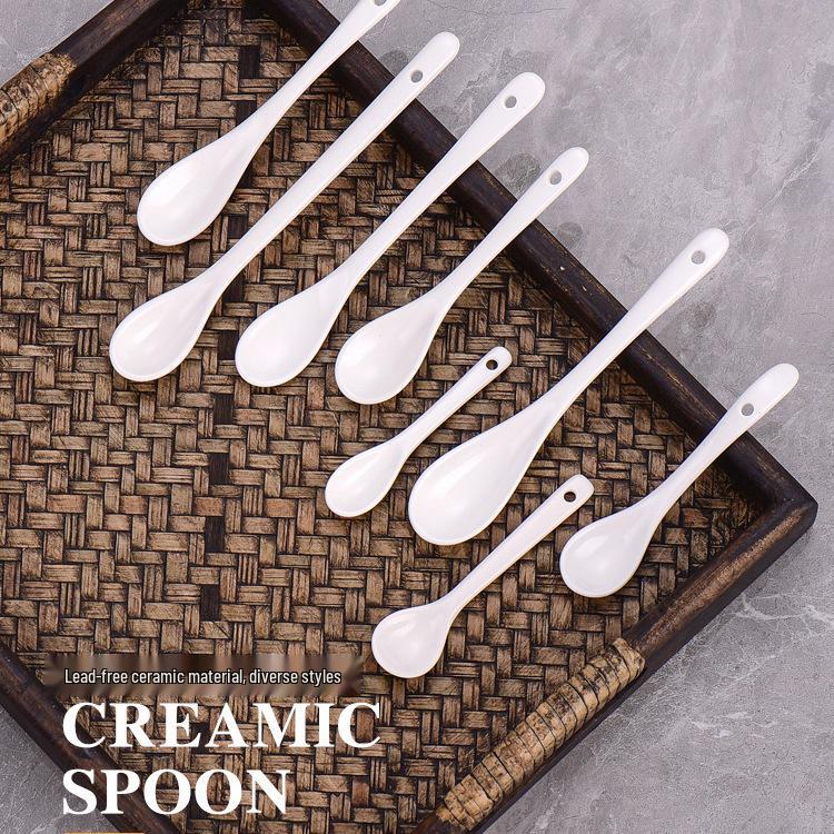 Pure White Ceramic Long Handle Spoon for Coffee, Seasoning, and Condiments Extra Small 8.7 cm Spoon No. 1 (Set of 5)