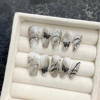 HANDMADE Artificial Nail Dream Black Butterfly Smudge Phototherapy Nails Fake Nails Reusable and Removable Nails