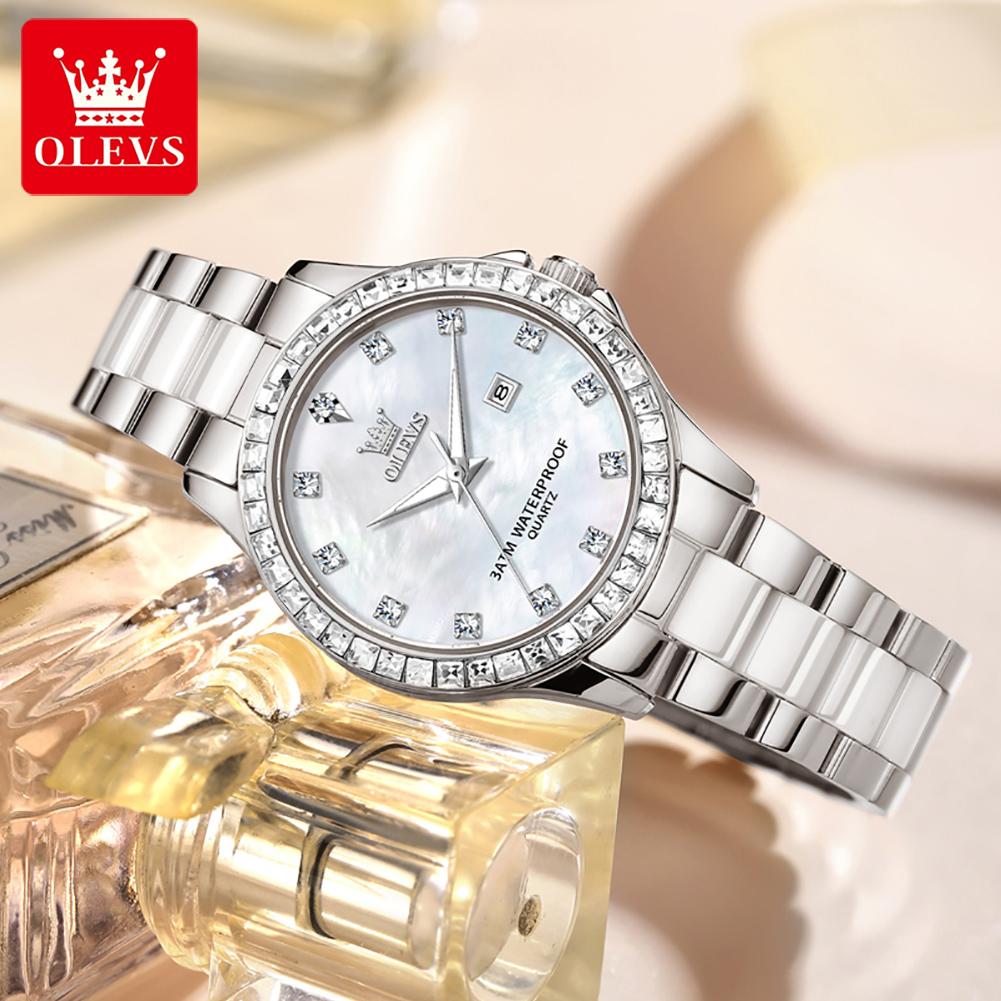 OLEVS Womens Watch Luxury Elegant Fashion Rhinestone Bezel Ceramic Strap Wristwatch Waterproof Date Watches