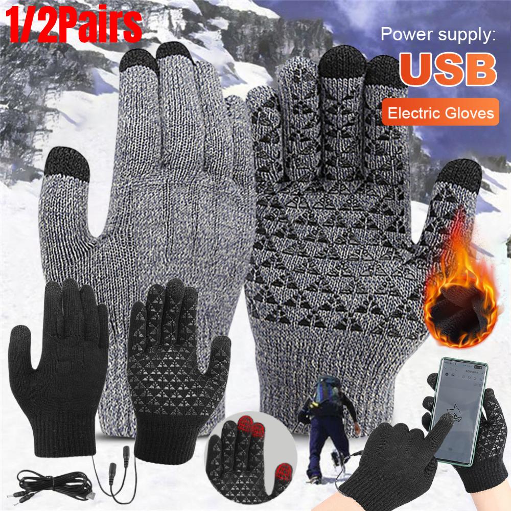 Electric Heated Gloves Touch Screen Thermal Knitted Glove Outdoor Riding Mitten USB Heated Gloves for Backpacking Mountaineering