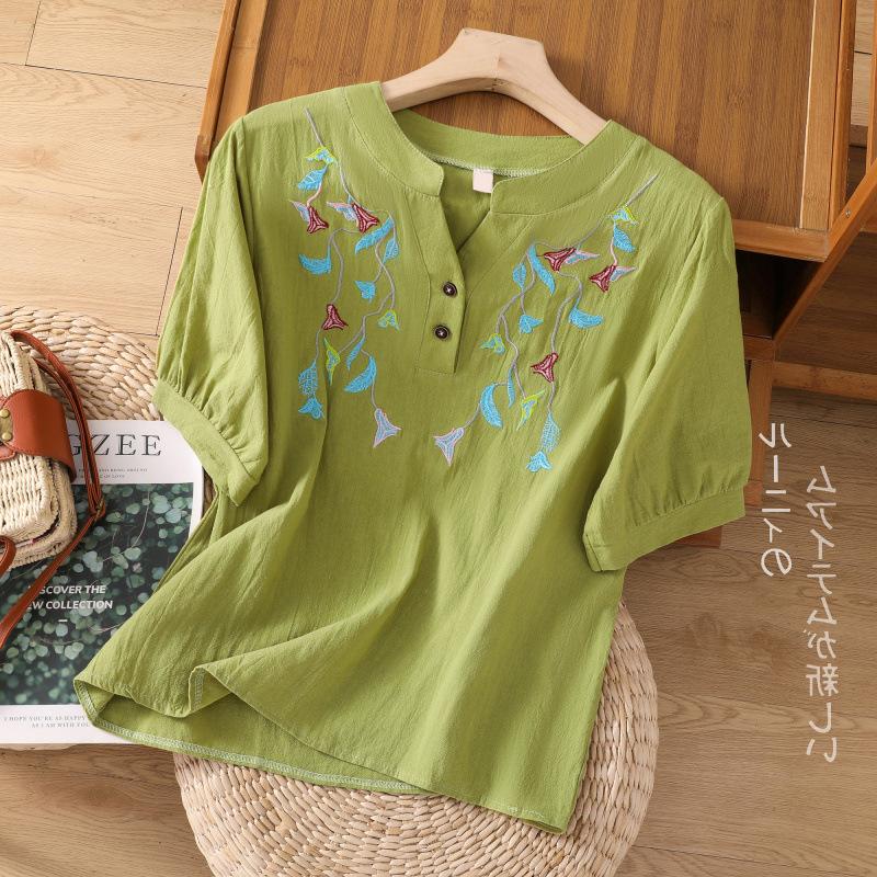 T-shirt women's five-quarter sleeves 1116 summer new loose cotton and linen casual versatile and thin round neck embroidered top